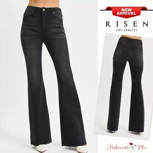 RISEN High Rise Waist Raw Cut Hem Zipper Fly Stretch Flare Denim Jeans | Black